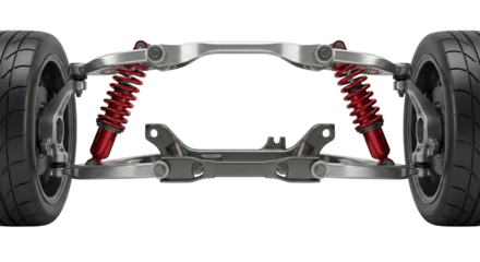 Detailed Vehicle Suspension System Rendered on an Isolated Transparent Field