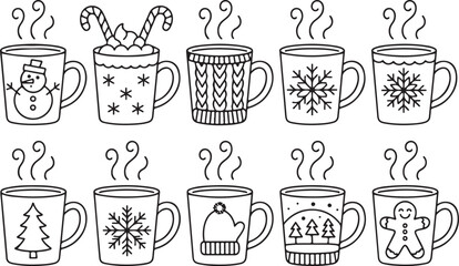 Obraz premium Charming hand drawn collection of hot beverages in festive mugs cozy winter drinks for seasonal designs silhouette