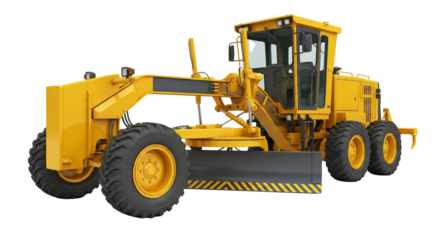 Vibrant yellow grader machinery showcasing intricate engineering isolated on transparent backdrop