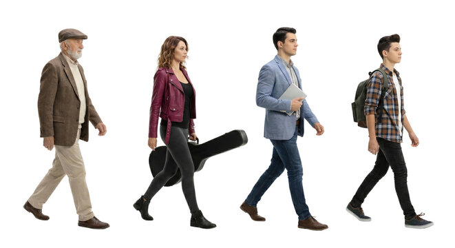 Diverse generations of people confidently walking on isolated transparent background