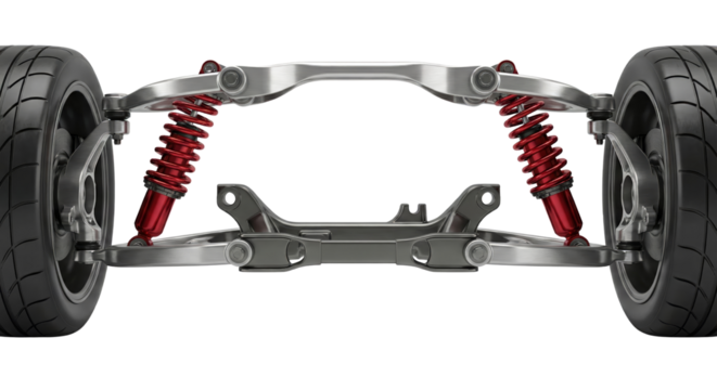 Detailed Vehicle Suspension System Rendered on an Isolated Transparent Field