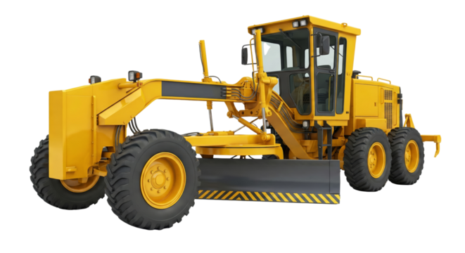 Vibrant yellow grader machinery showcasing intricate engineering isolated on transparent backdrop