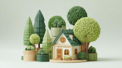 3D scene shows house and finance concept. A whimsical miniature house surrounded by vibrant greenery.