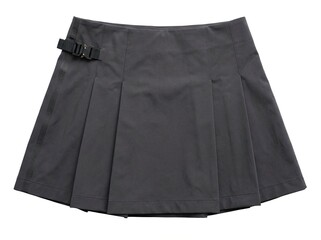 Dark gray pleated mini skirt with a modern metal buckle detail on white background