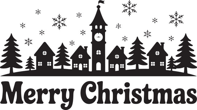 Charming silhouette of a snowy village with a clock tower and pine trees under falling snowflakes celebrating merry christmas