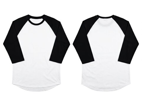 Blank black and white raglan t-shirt mockup, front and back, isolated on white background