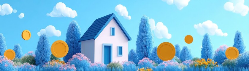 3D scene shows house and finance concept. A serene illustration of a house amidst vibrant landscapes.