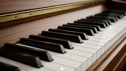 ピアノ鍵盤のクローズアップ写真 明るい光沢で木製フレームが美しく輝いている