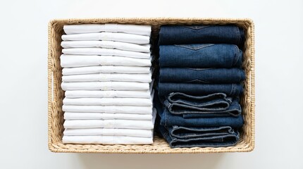 Folded white shirts and blue jeans neatly arranged in a wicker basket