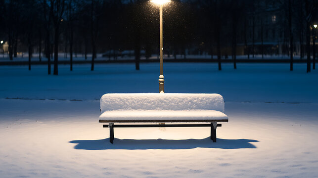 A serene winter scene captures a snow-laden bench beneath the gentle glow of a lamp post, set against a backdrop of silhouetted trees in a quiet, snowy park at night.