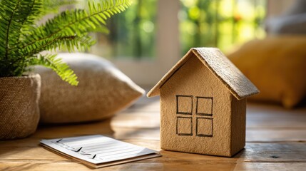 Cardboard house with checklist concept. Miniature house model with checklist on a wooden table.