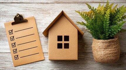 Cardboard house with checklist concept. A checklist, cardboard house model, and potted plant on wood.