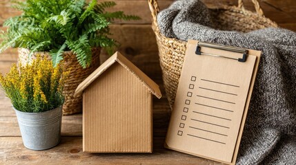 Cardboard house with checklist concept. Cozy home workspace with checklist and decorative plants.