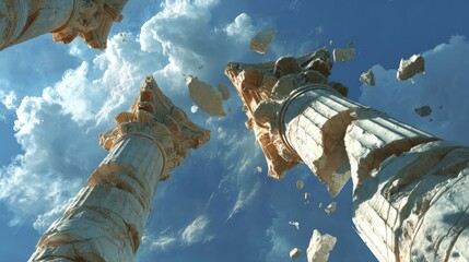 Divine White Marble Columns Drifting Weightlessly Above the Earth
