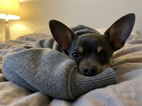 Petit chihuahua noir blotti dans un pull gris, allong&eacute; sur un lit douillet, regard tendre vers la cam&eacute;ra