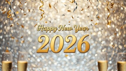 Golden 2026 new year celebration with sparkling lights and confetti background