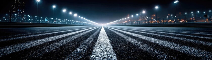 A close-up of illuminated lights on empty track concept. Night view of a wide road illuminated by street lights.