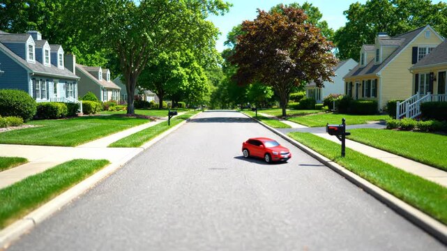 A miniature red toy car parked on the sidewalk of a quiet, treelined suburban street with neat houses vector illustration