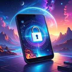 Futuristic phone displaying a secure lock against a vibrant cosmic backdrop