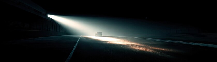 A close-up of illuminated lights on empty track concept. A dramatic scene of light piercing through darkness on a road.