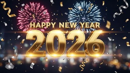 Golden 2026 numbers with sparkling fireworks and falling confetti celebrating the new year