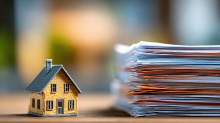 Person reviewing documents with house concept. Miniature house next to a stack of paperwork for real estate.