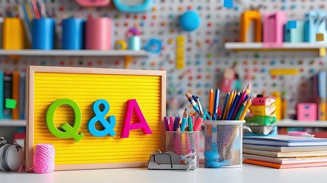 QA question answer education desk school learning colorful classroom concept letters supplies