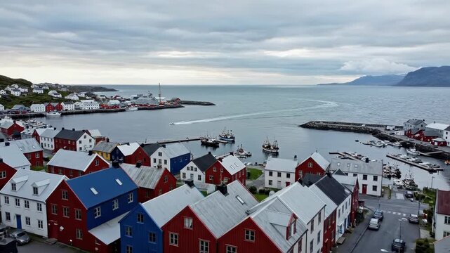 Aerial view of colorful traditional wooden houses clustered around a harbor in a small norwegian coastal town vector illustration