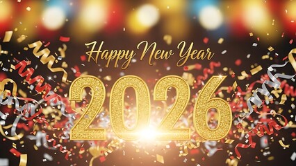 Golden 2026 balloons and confetti celebrate the new year with festive bokeh lights