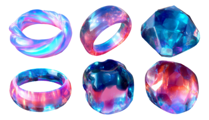 Colorful 3D Render of Various Gemstone-Like Rings with Holographic Effects