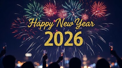 Spectacular fireworks display illuminates the night sky celebrating the arrival of the new year 2026