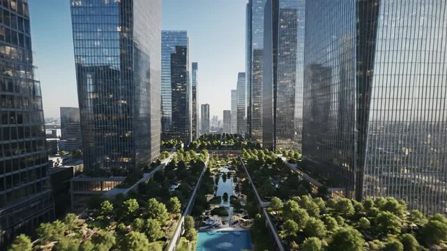 Modern skyscraper architecture with a lush elevated park and green rooftop garden in a dense city center vector illustration