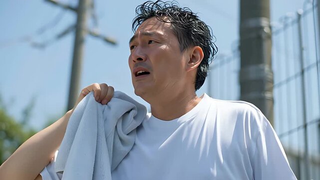 Man sweating heat summer towel wiping hot tired outdoor face sun exhaustion