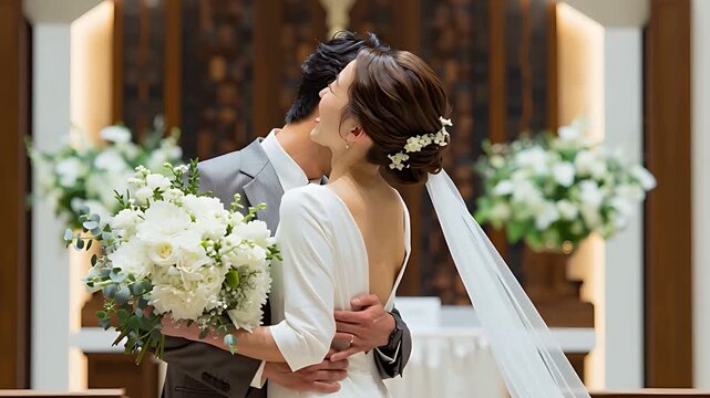 Wedding couple bride groom outdoor garden dress suit happy love marriage ceremony flowers