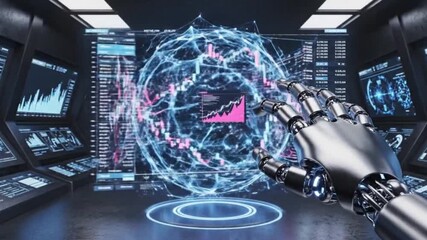 AI robotic hand interacts with a futuristic data sphere, cube, or financial display, symbolizing automation, analysis, and control over global market trends and currency. - Powered by Adobe