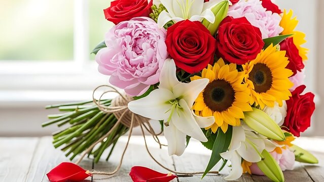 Vibrant Floral Arrangement Roses, Lilies, Peonies, and Sunflowers
