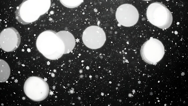 Abstract monochrome scene of glowing bokeh and floating particles.