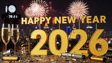Golden happy new year 2026 celebration with champagne and fireworks in city skyline