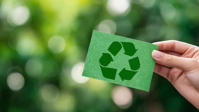 Eco-Conscious Gesture: A hand tenderly presents a recycled logo, representing the commitment to environmental protection and mindful consumption, against a blurred verdant backdrop.