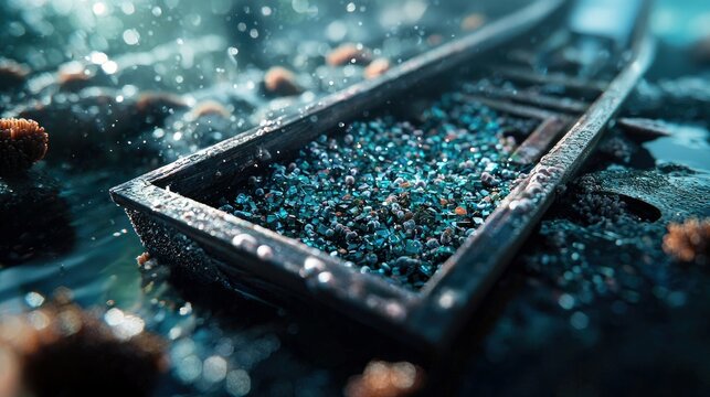 A wooden frame filled with small, blue-green minerals floats in water with a blurred background and atmospheric lighting.