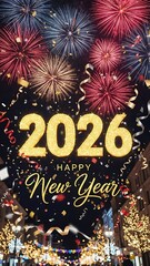 Bright and colorful fireworks illuminate the night sky celebrating the arrival of happy new year 2026