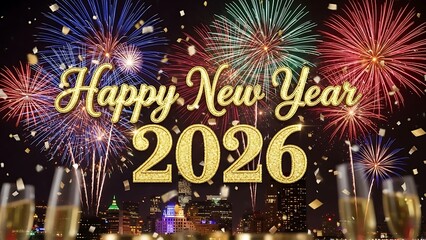 Sparkling golden happy new year 2026 with colorful fireworks and champagne glasses