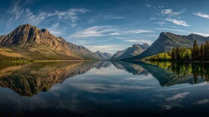 Panoramic view of Saint Mary Lake at Glacier National Park with clear sky and mountain reflections, concept for travel advertising, environmental protection and nature wallpaper