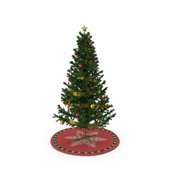 Festive christmas tree with ornaments, star, and holiday skirt.