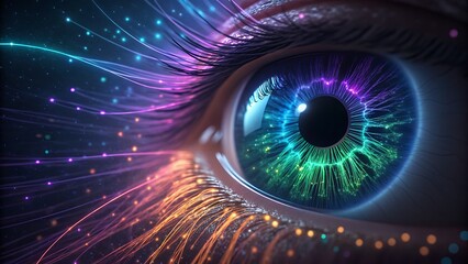 Closeup of a futuristic, glowing human eye with vibrant neon light trails emanating from the iris and eyelashes, representing technology and vision