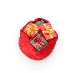 Red santa bag full of colorful gift boxes, presents and ribbons