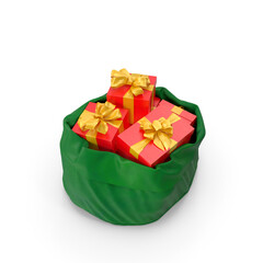 Festive green sack filled with red gifts tied with golden bows