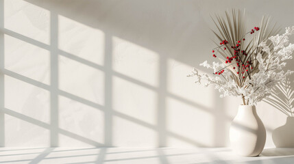 Minimalist white vase with dried botanicals casting Christmas tree-shaped shadows on sunny wall