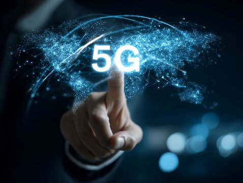 Businessman touching a digital 5G network over a world map with light dots. Concept for global communication, data transmission and wireless technology