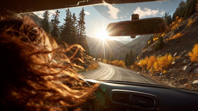 Woman driving car through mountain road with sun shining, view from inside the car. Concept for travel, adventure and road trip